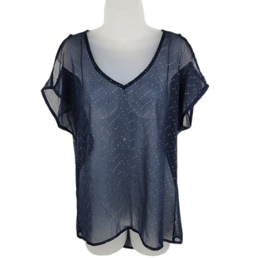 Love On A Hanger Navy Blue Sheer Sparkle Dot V Neck Cold Shoulder Top Size S‎